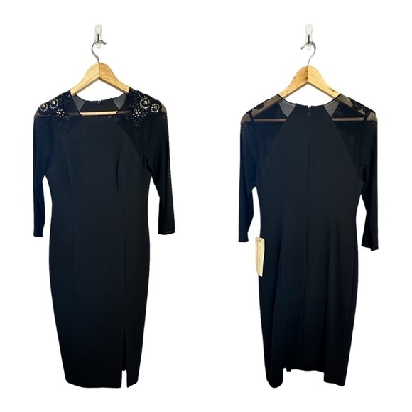 Adrianna Papell - Short Black Crepe Dress Sheer sleeves beaded embroidered 2 - Picture 1 of 9